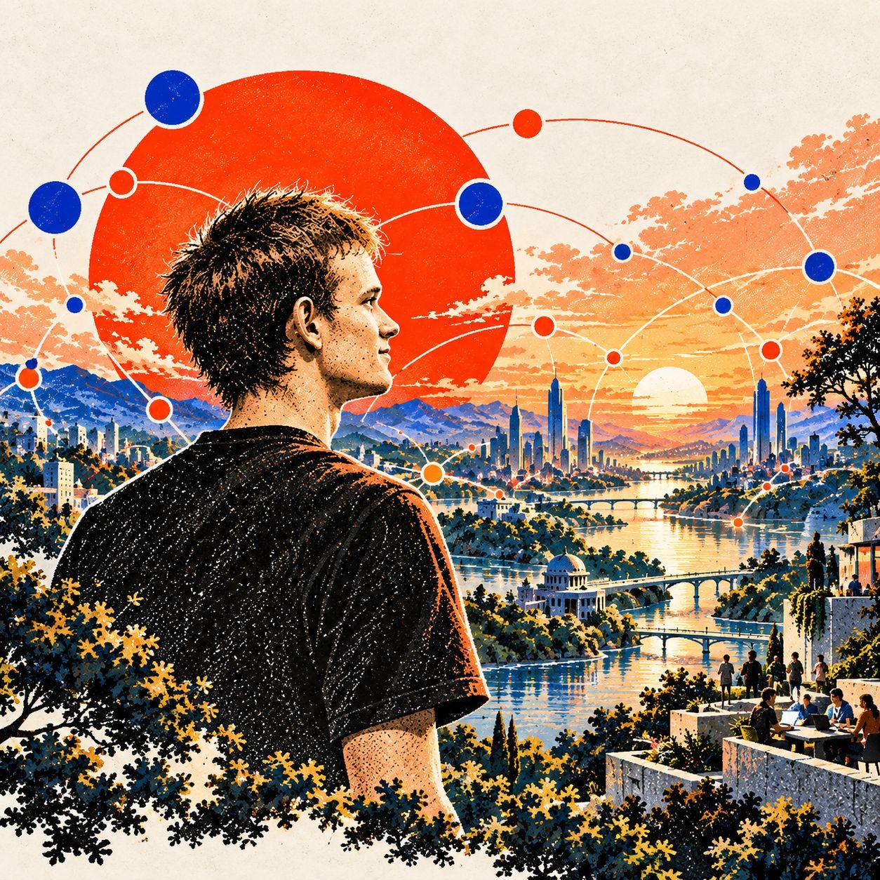 A sunset city of towers and a river, drawn in orange and blue.
