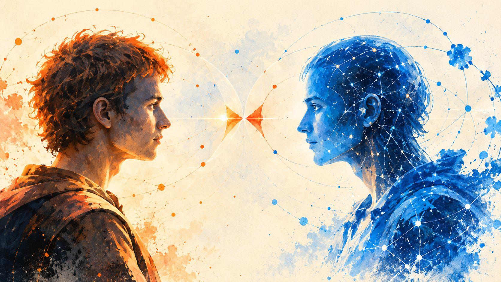An orange human profile faces a blue networked profile, meeting at a shared point of light.