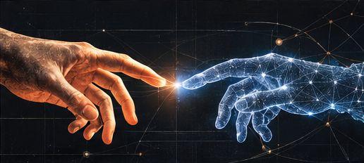 A human hand and a networked hand reach toward the same point of light.