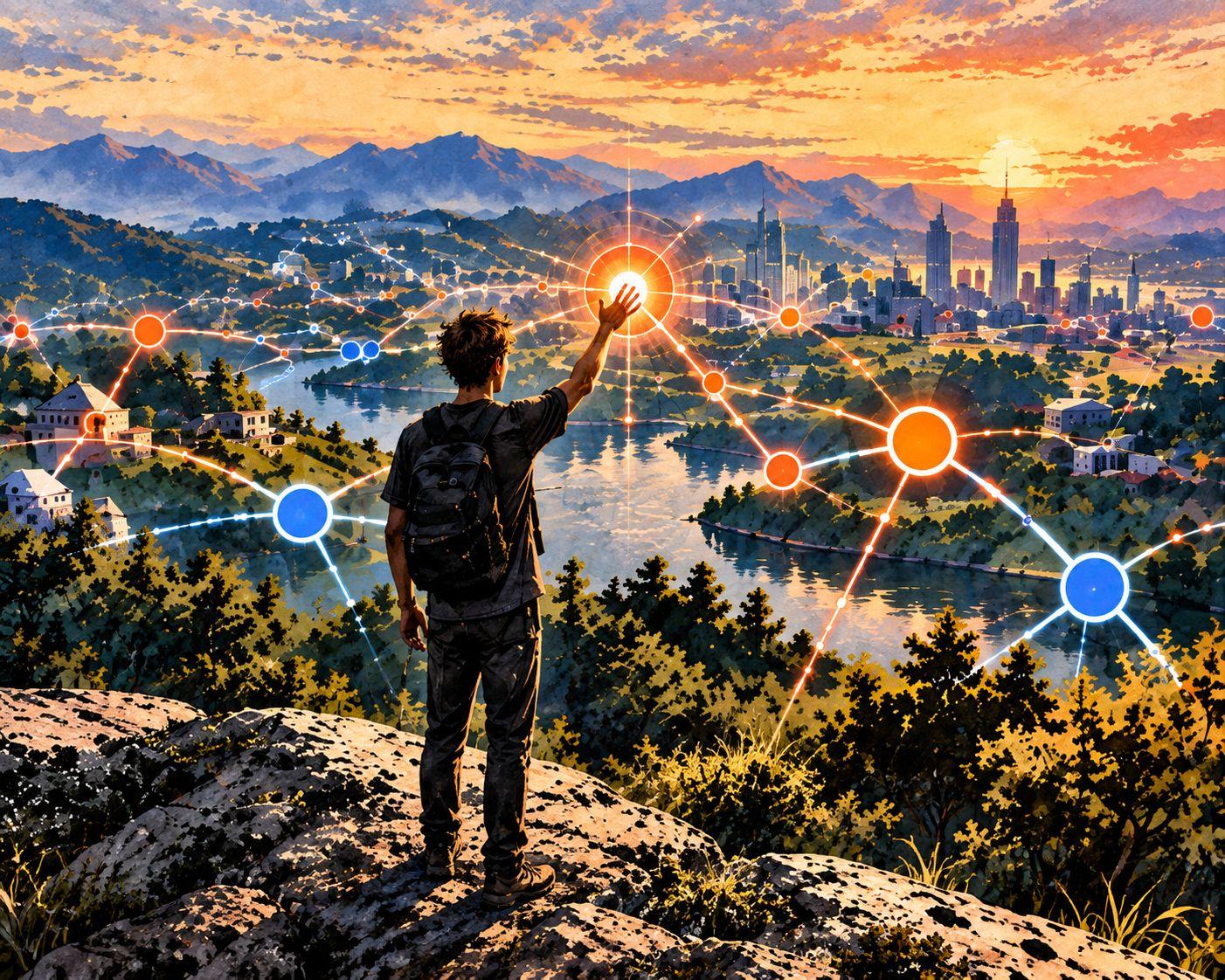 A person stands on a ridge at sunset and reaches toward a glowing point in a network of orange and blue lights over a riverside city.